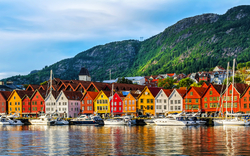 Bergen, Norway. View of historical buildings in Bryggen- Hanseatic wharf in Bergen, Norway. UNESCO World Heritage Site
